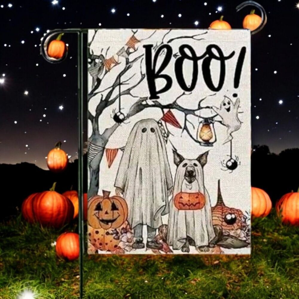 Puppy Ghost Garden Flag Halloween Costume Porch Spooky Dog Pumpkins Double Sided